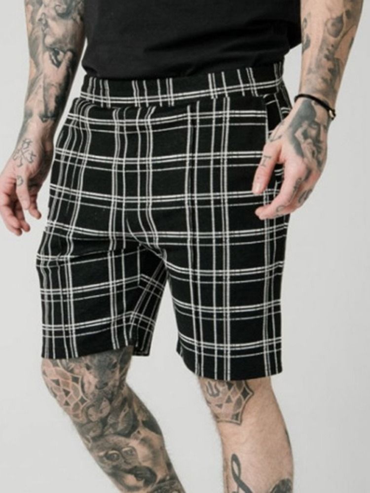 Pocket Plaid Straight Elastics Menns Casual Shorts