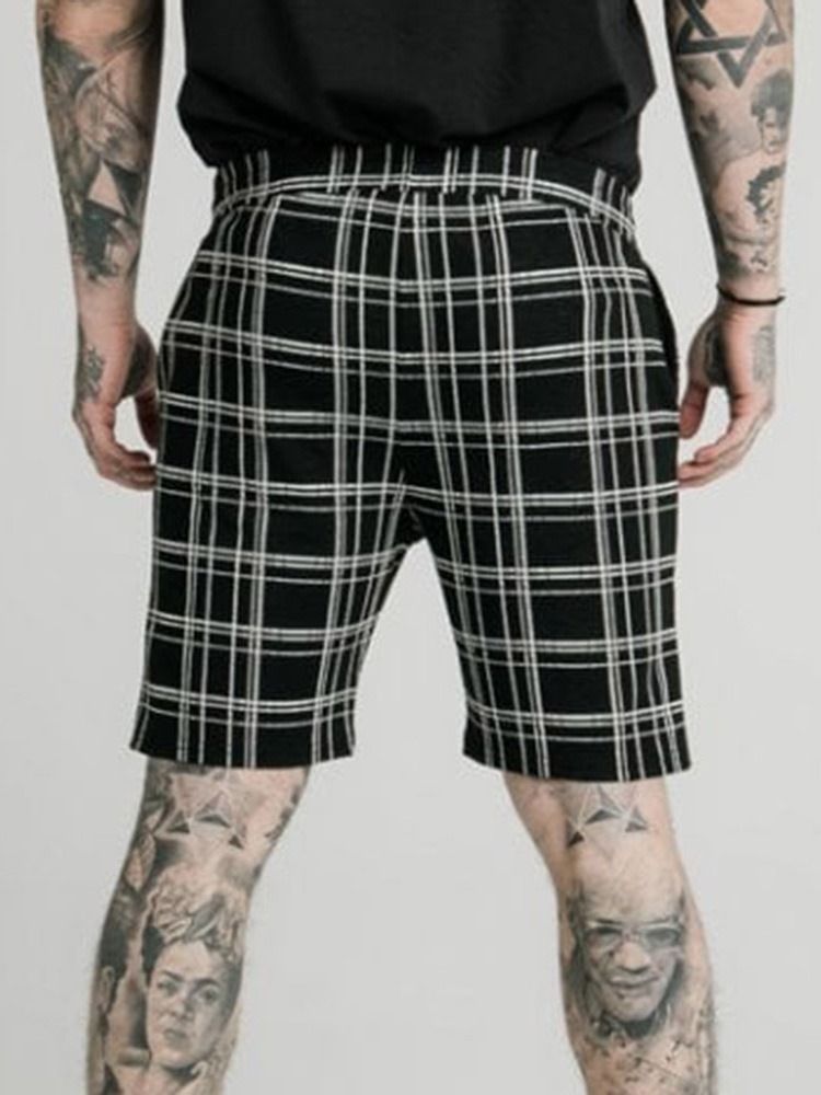 Pocket Plaid Straight Elastics Menns Casual Shorts