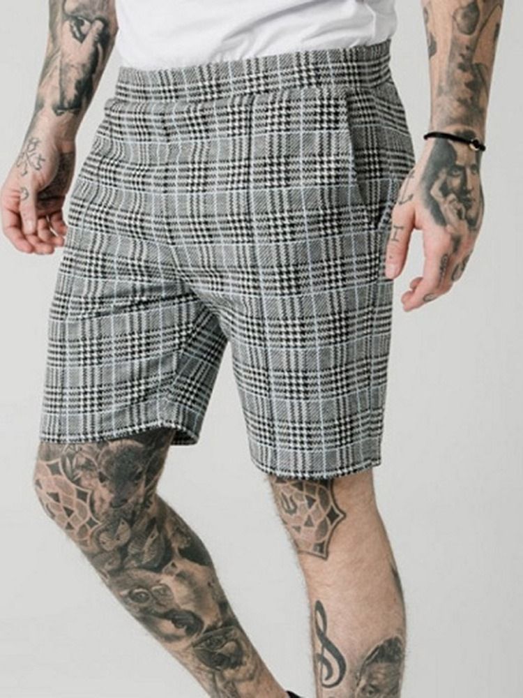 Pocket Plaid Straight Elastics Menns Casual Shorts