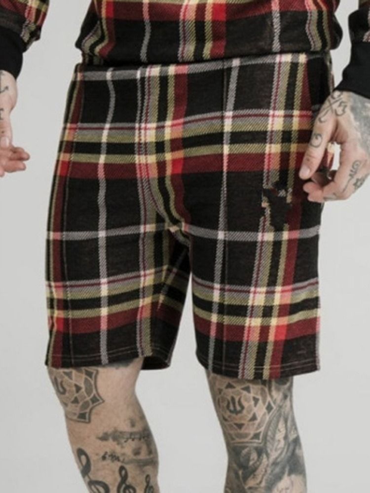 Pocket Plaid Straight Elastics Menns Casual Shorts