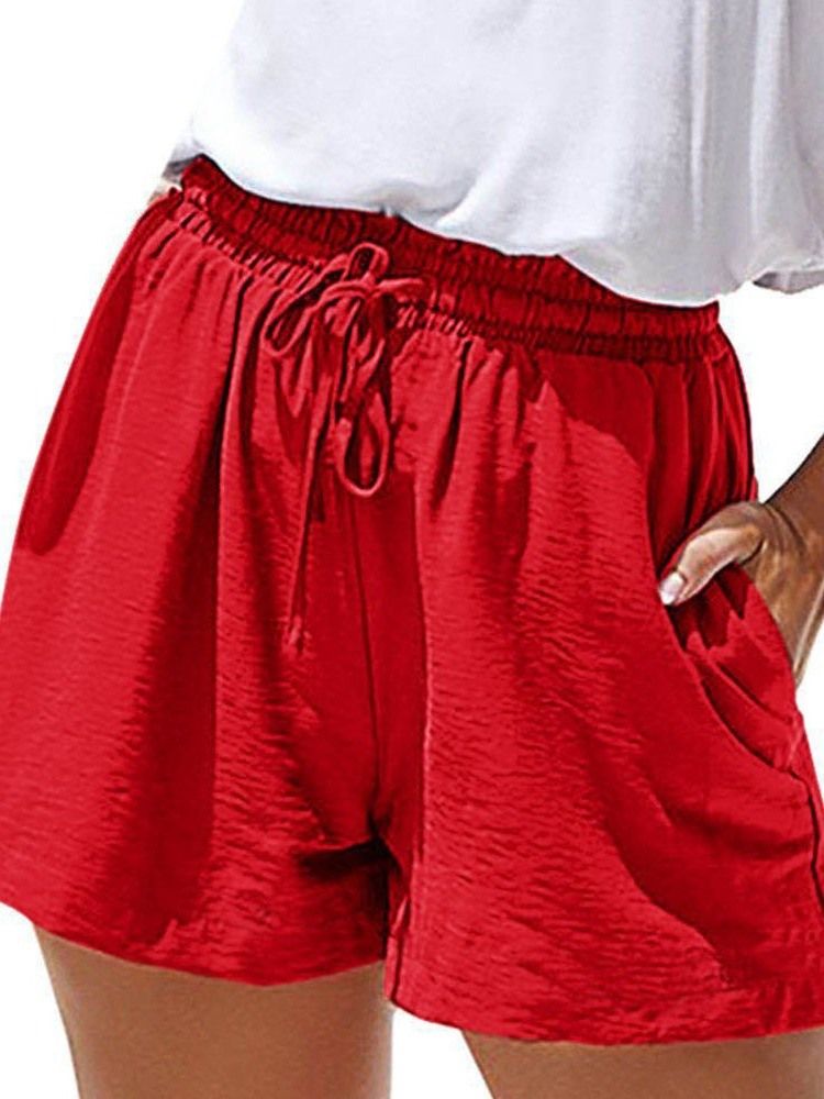 Pocket Plain Loose Lace-up Shorts For Kvinner