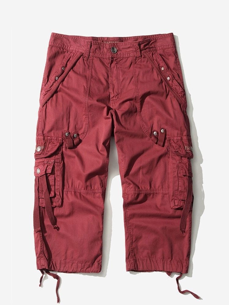 Pocket Straight Plain Mid Waist Cargo Shorts For Menn