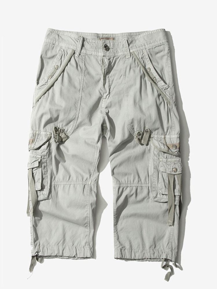 Pocket Straight Plain Mid Waist Cargo Shorts For Menn