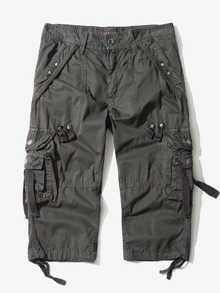 Pocket Straight Plain Mid Waist Cargo Shorts For Menn