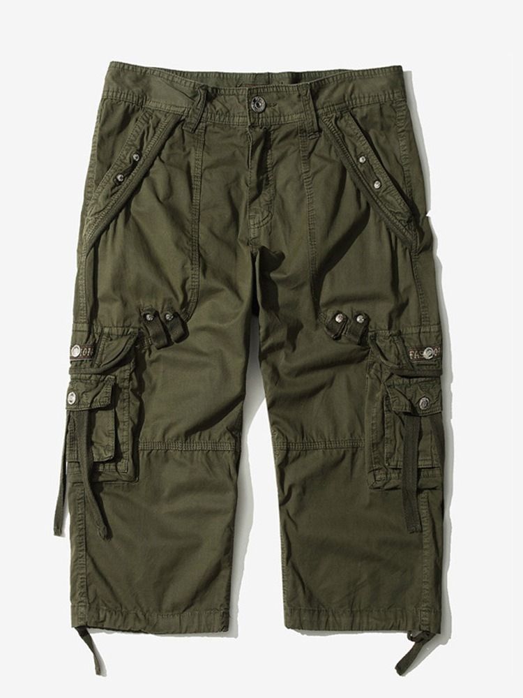 Pocket Straight Plain Mid Waist Cargo Shorts For Menn