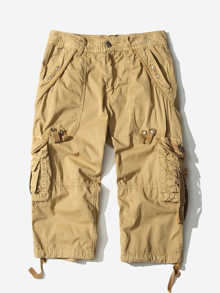 Pocket Straight Plain Mid Waist Cargo Shorts For Menn