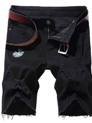 Straight Broderi Floral Mid Waist Glidelås Denim Shorts For Menn