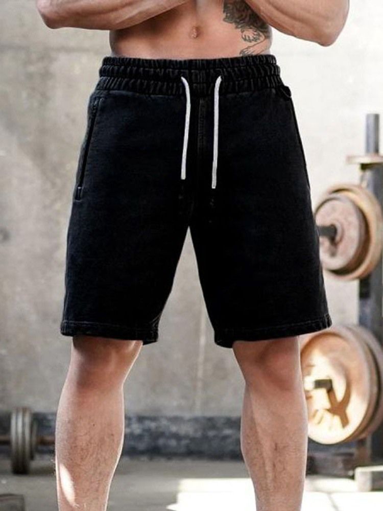 Straight Plain Lace-up Casual Shorts For Menn