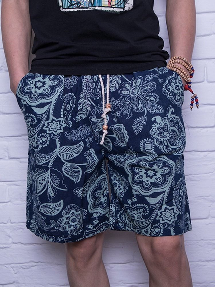 Straight Print Color Block Menns Casual Shorts