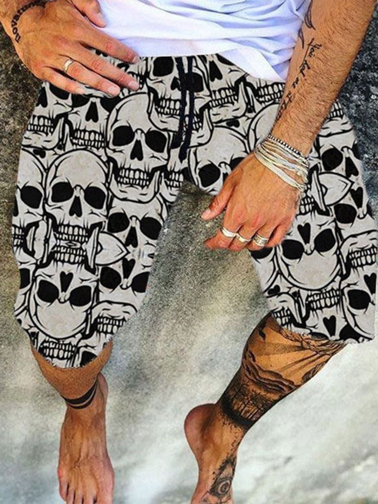 Straight Skull Print Mid Waist Casual Shorts For Menn