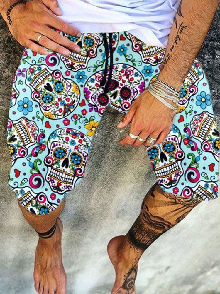 Straight Skull Print Mid Waist Casual Shorts For Menn