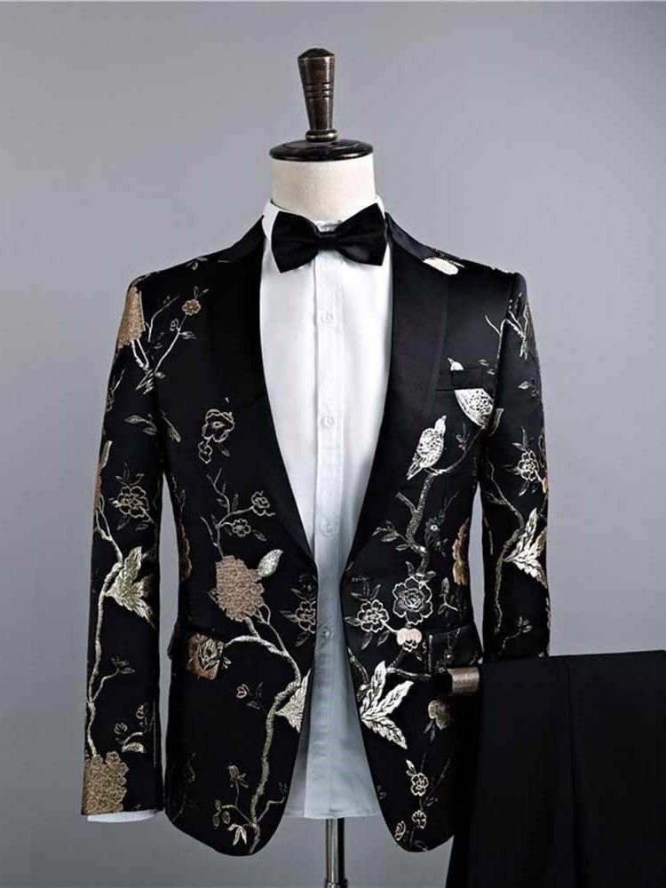 Black Floral Print Mens Casual Ball Wedding Suits