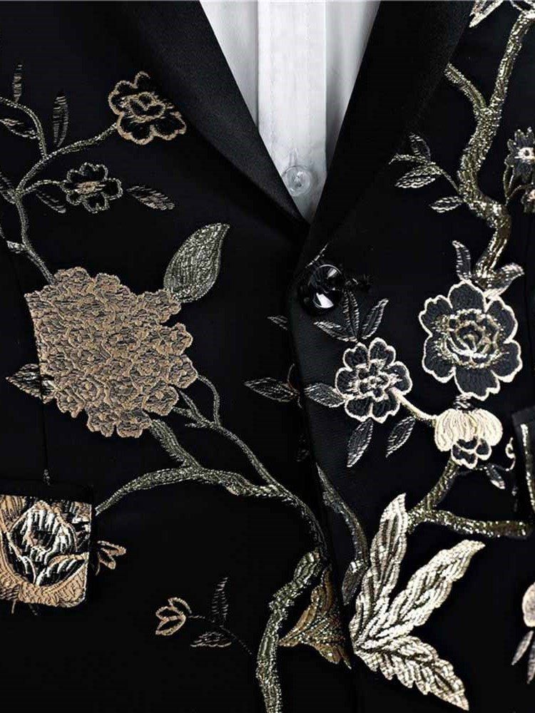 Black Floral Print Mens Casual Ball Wedding Suits