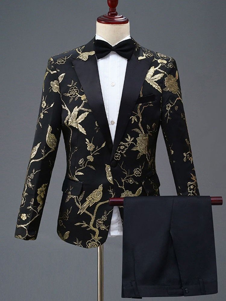 Floral Embroidery One Button Mens Party Dress Suit