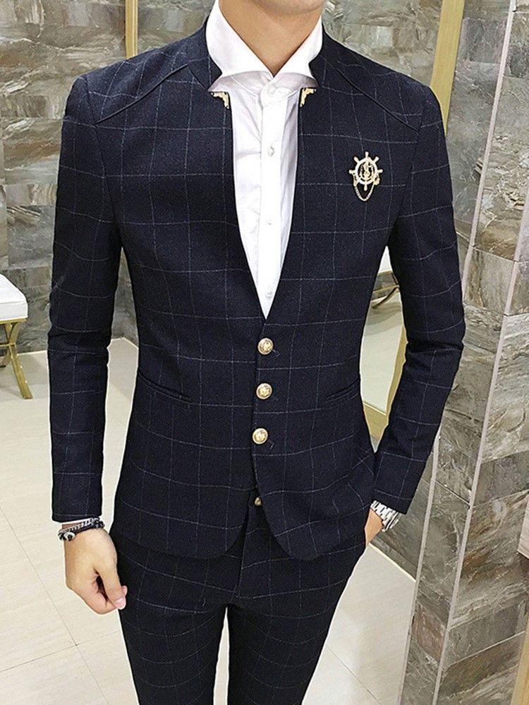 Plaid Stand Collar V-neck Herre Suit