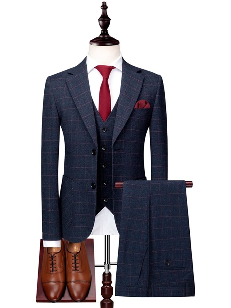 Plaid Two Button 3 Pieces Mens Casual Business Suits