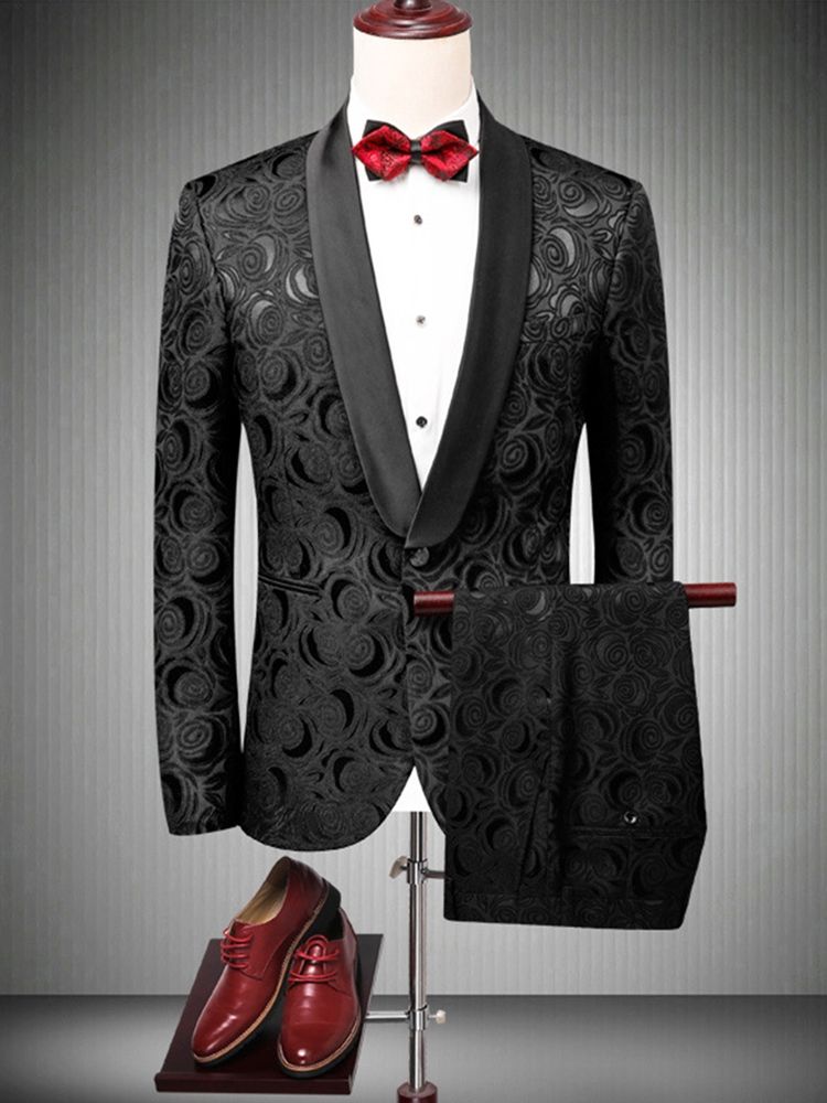 Printed One Button Mens Black Wedding Ball Suits