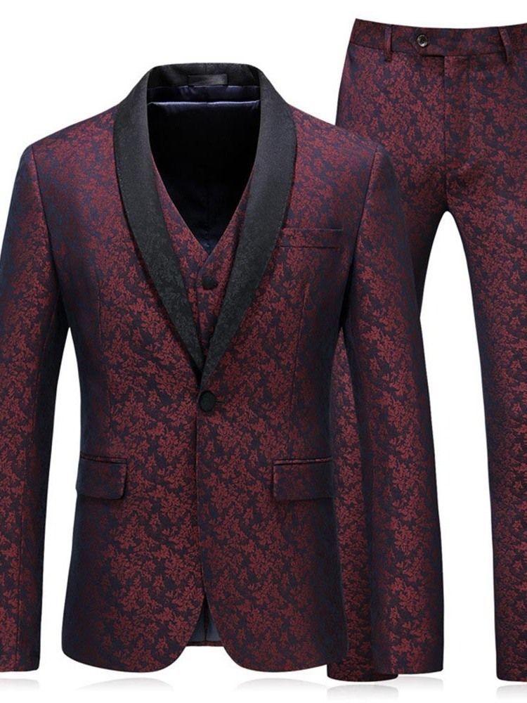 Red Printed Shawl Collar Mens 3 Pieces Suits