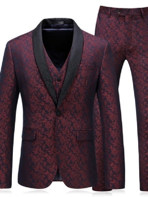 Red Printed Shawl Collar Mens 3 Pieces Suits