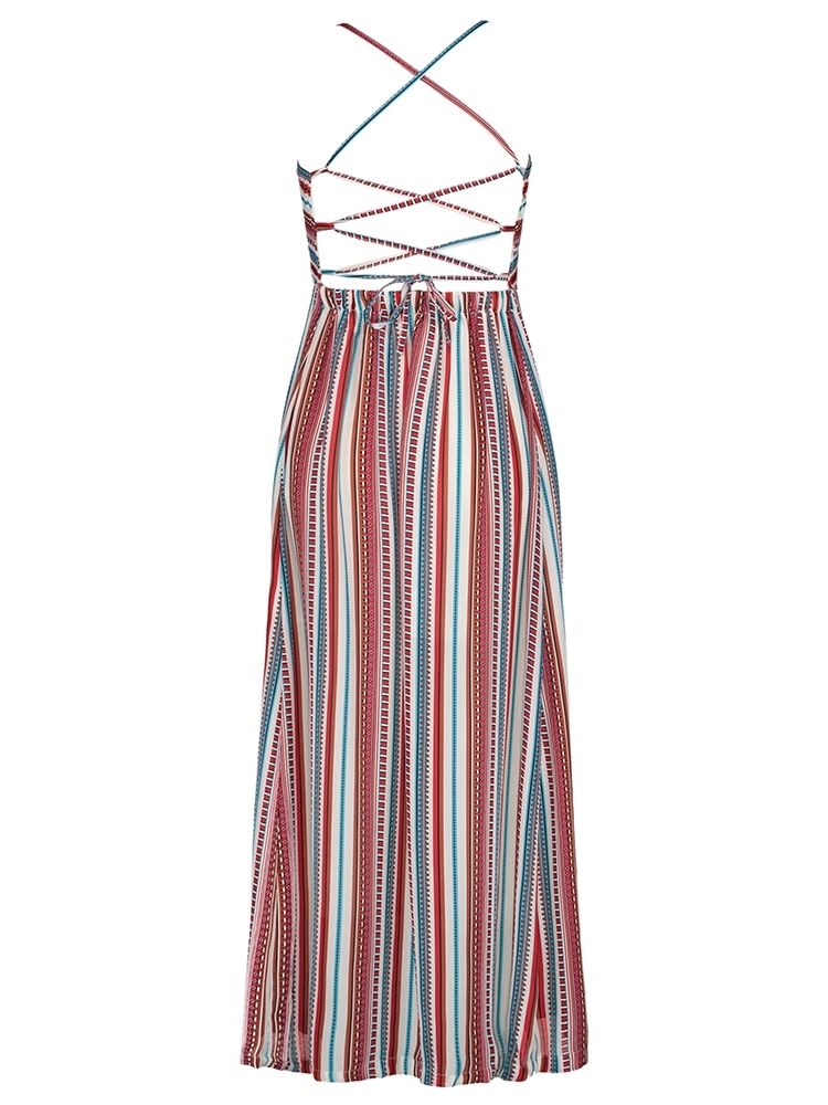 Color Block Stripe Backless Vacation Maxikjole For Kvinner