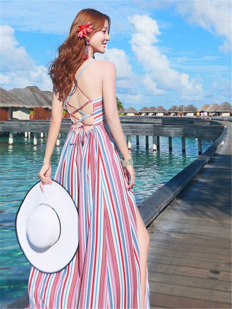 Color Block Stripe Backless Vacation Maxikjole For Kvinner