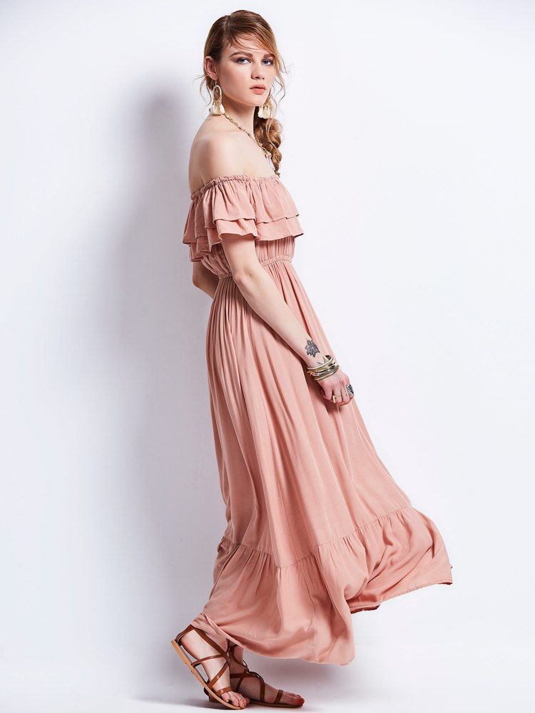 Kvinne Slash Neck Falbala Expansion Maxi Dress