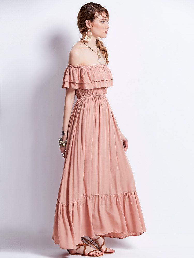 Kvinne Slash Neck Falbala Expansion Maxi Dress