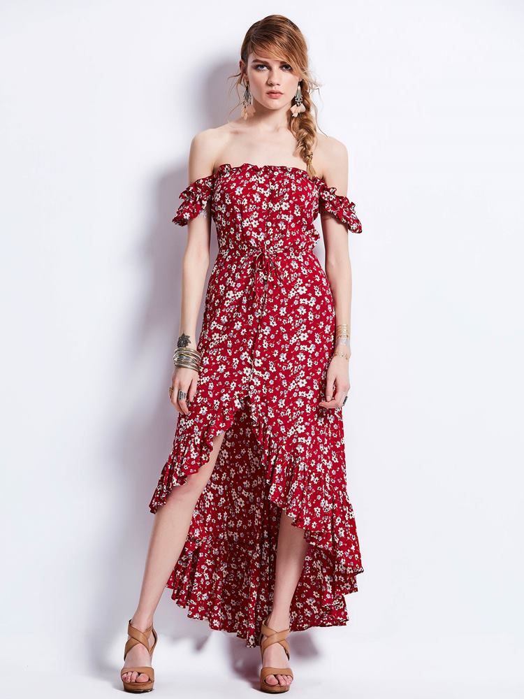 Kvinner Slash Neck Puff Ermet Print Maxi Kjole