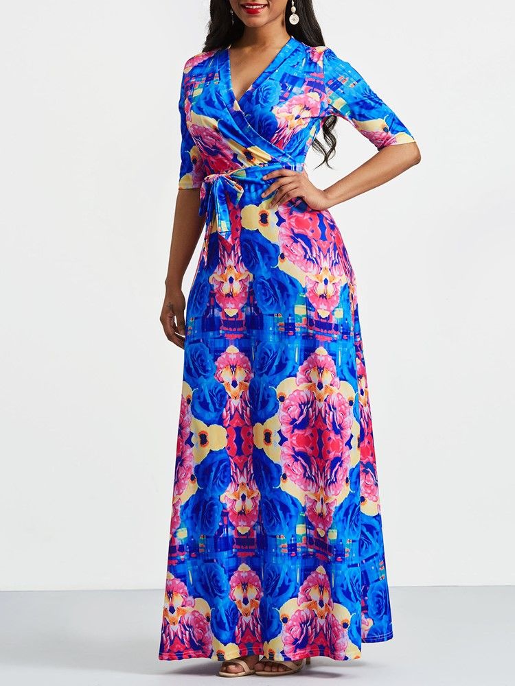 Kvinners Afrikanske Mote V-hals Floral Color Block Maxi Kjole