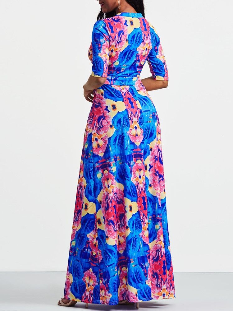 Kvinners Afrikanske Mote V-hals Floral Color Block Maxi Kjole