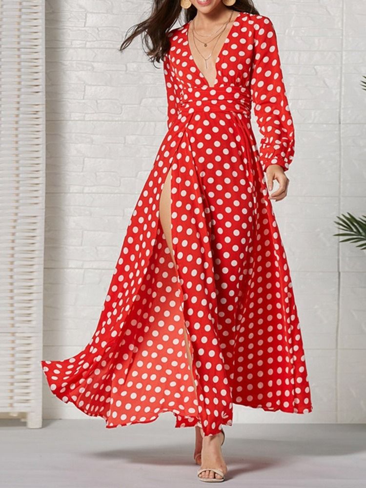 Langermet Ankel-lengde V-hals Mote Polka Dots Kjole For Kvinner