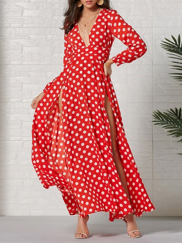 Langermet Ankel-lengde V-hals Mote Polka Dots Kjole For Kvinner