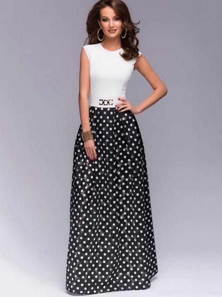 Polka Dots Color Block Expansion Maxi Dress For Kvinner