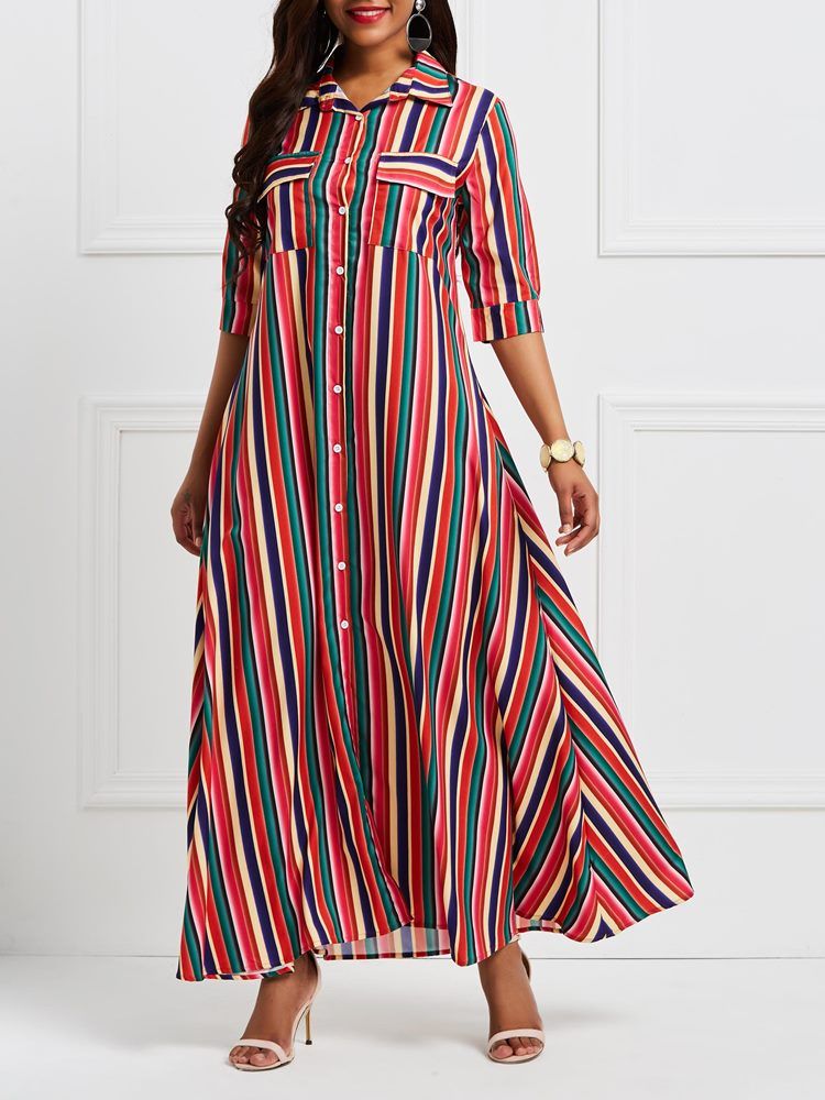 Polo-hals Patchwork Pocket Stripe Maxi Kjole