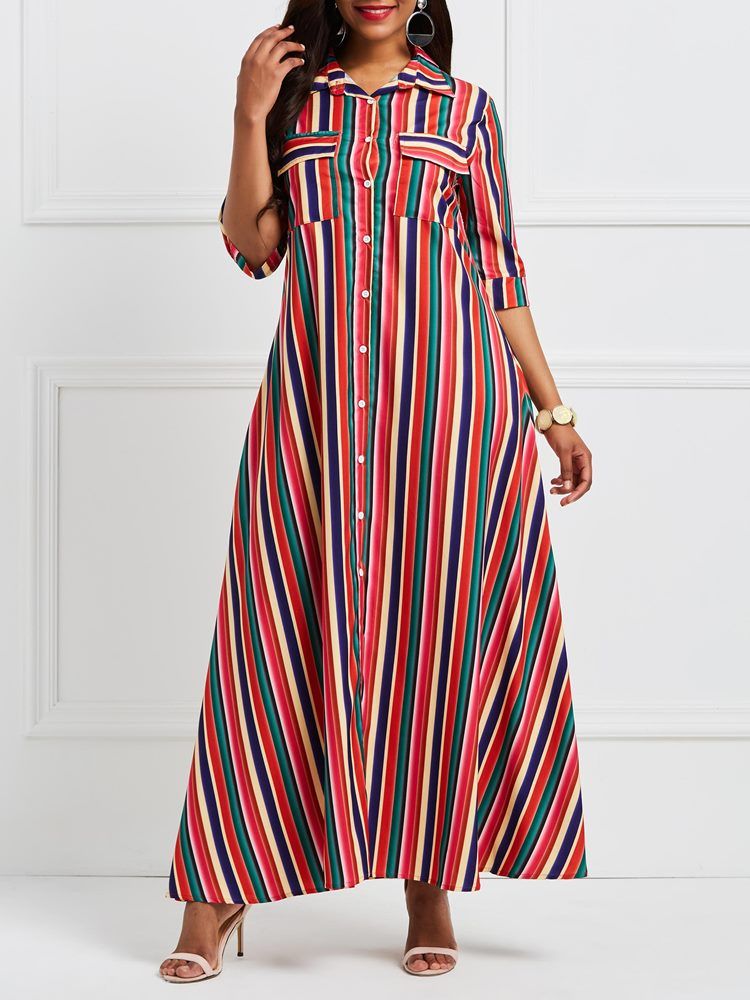 Polo-hals Patchwork Pocket Stripe Maxi Kjole