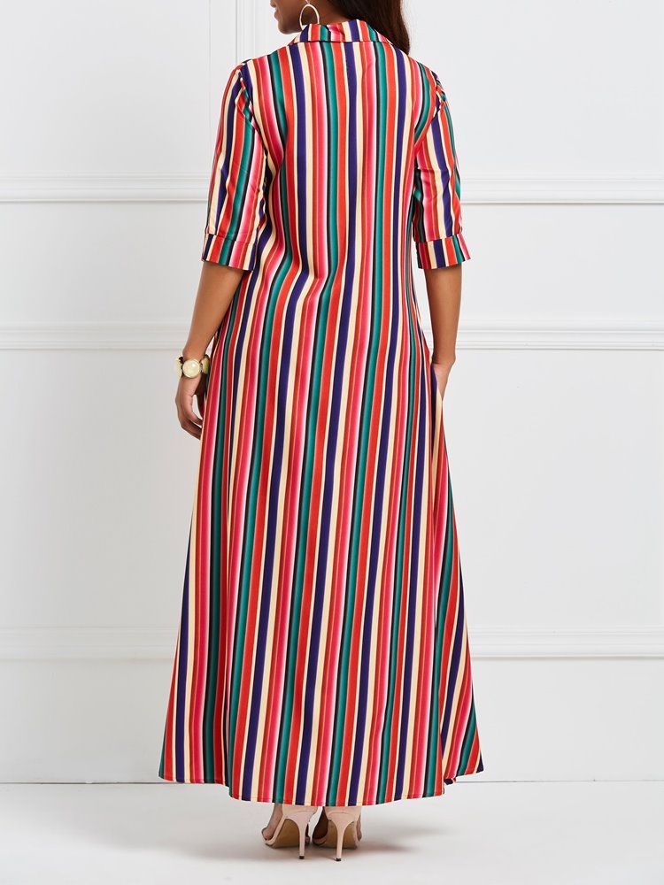 Polo-hals Patchwork Pocket Stripe Maxi Kjole