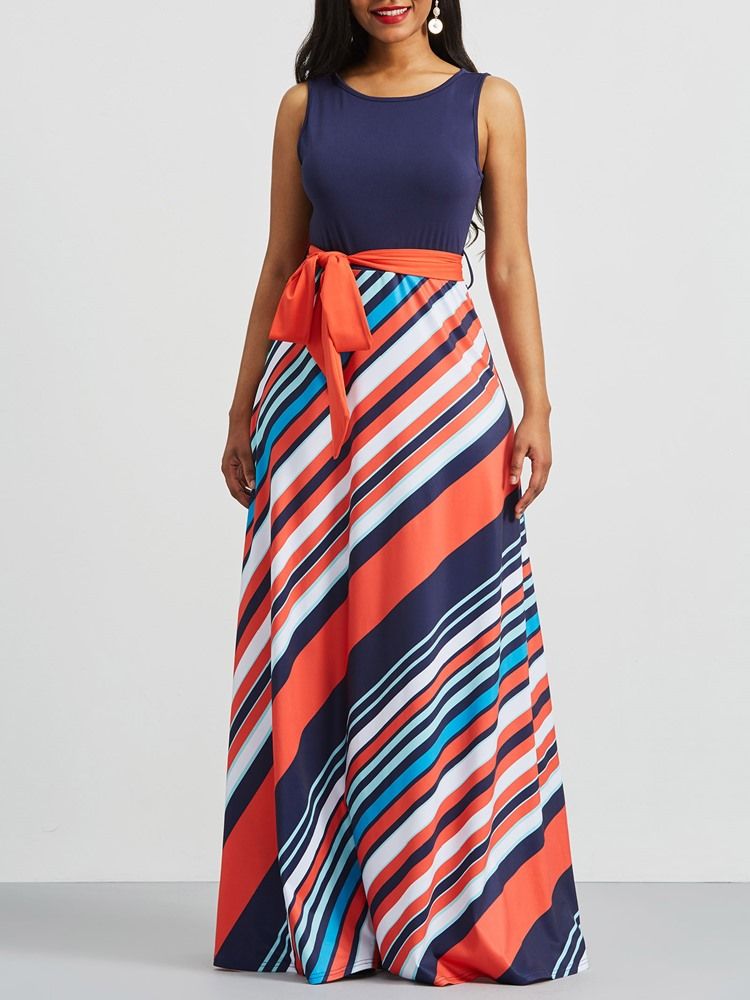 Stripe Color Block Patchwork Lace-up Maxi Dress