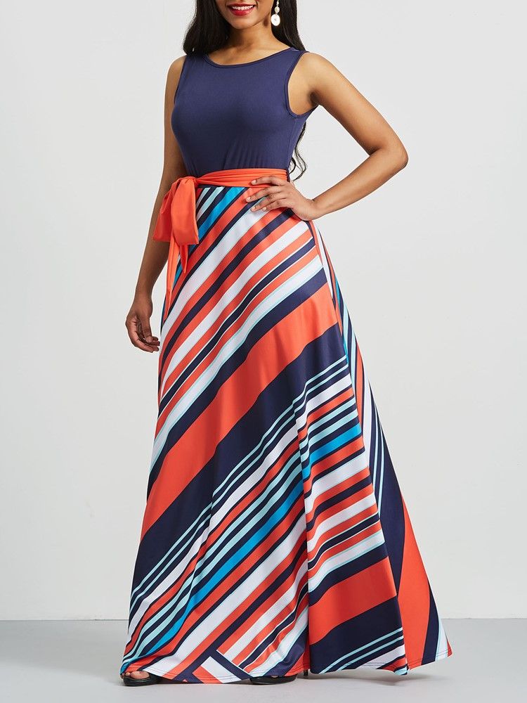 Stripe Color Block Patchwork Lace-up Maxi Dress