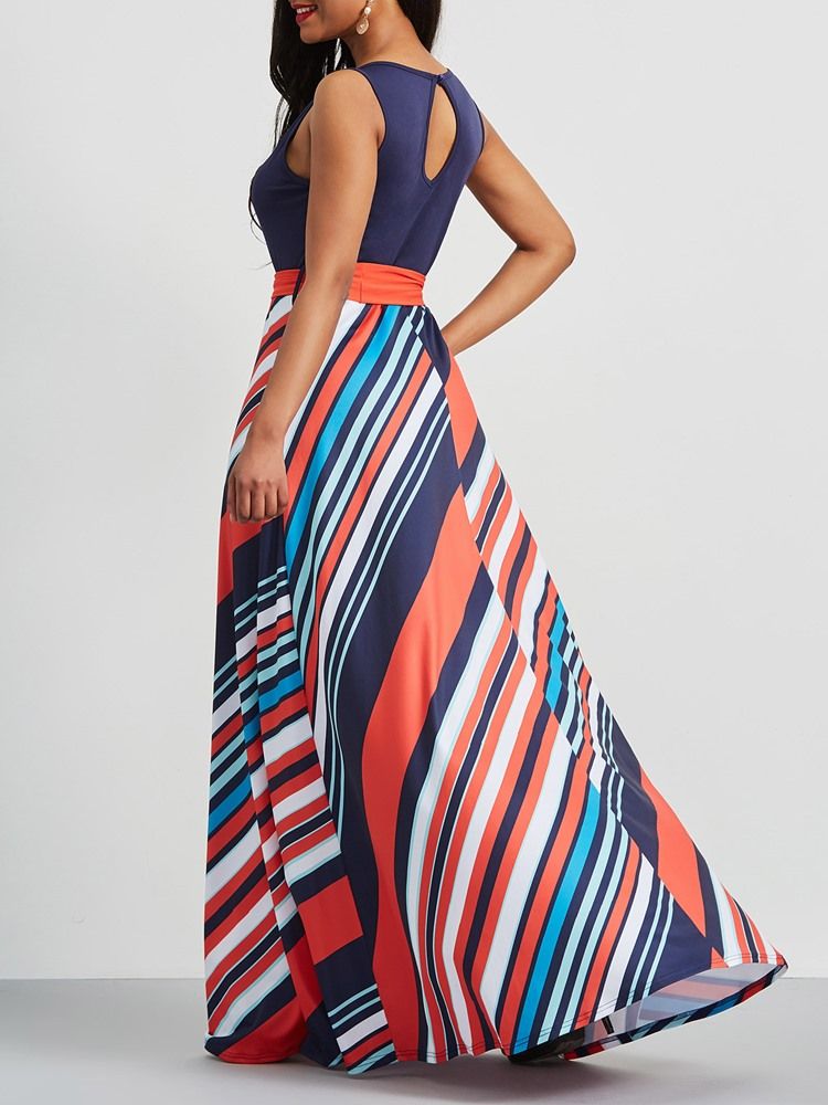 Stripe Color Block Patchwork Lace-up Maxi Dress