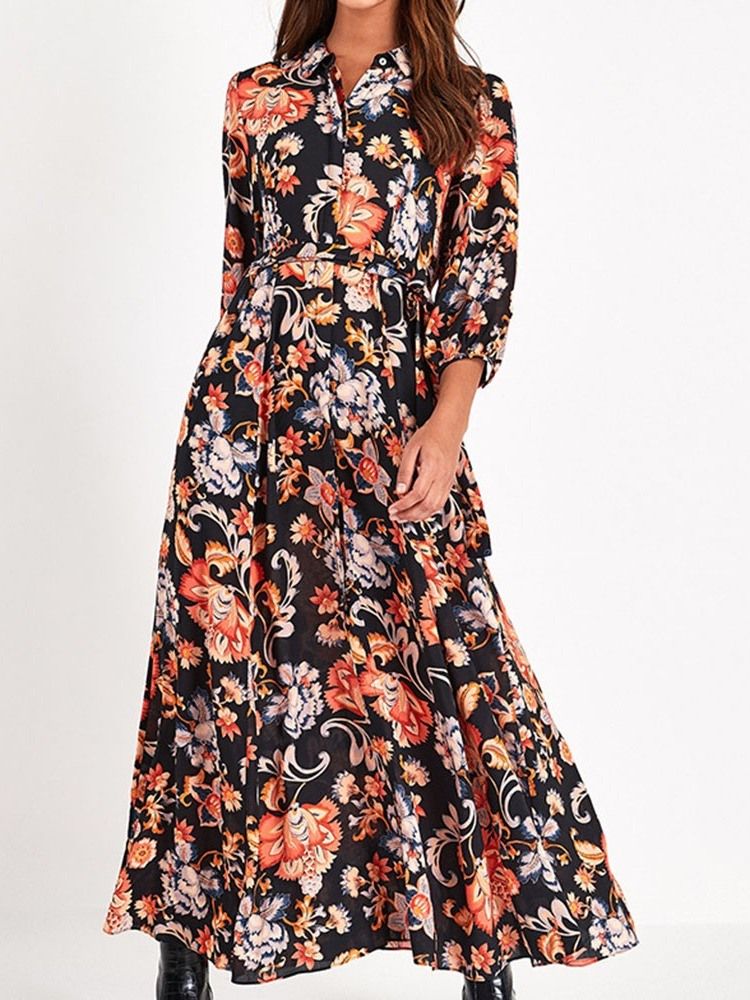 Trekvart Ermetrykk Lapel Floral Mid Waist Dame Dress