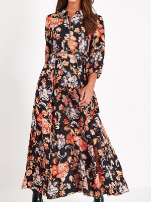 Trekvart Ermetrykk Lapel Floral Mid Waist Dame Dress