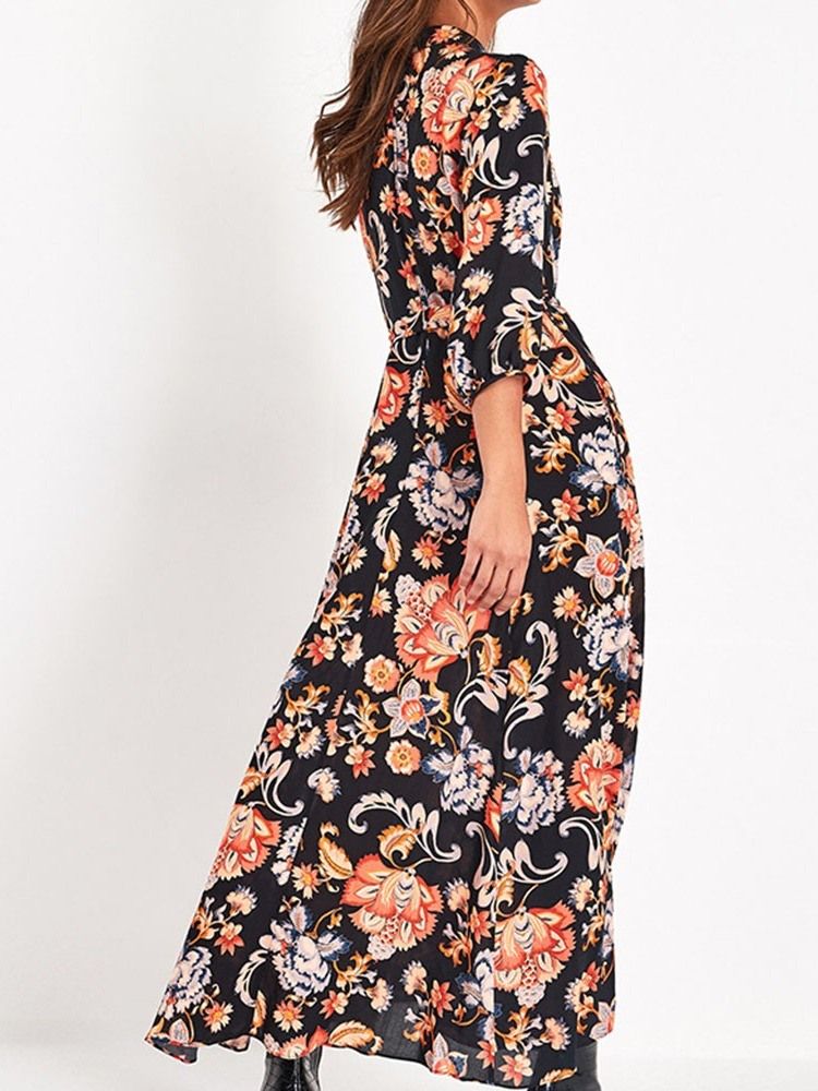 Trekvart Ermetrykk Lapel Floral Mid Waist Dame Dress