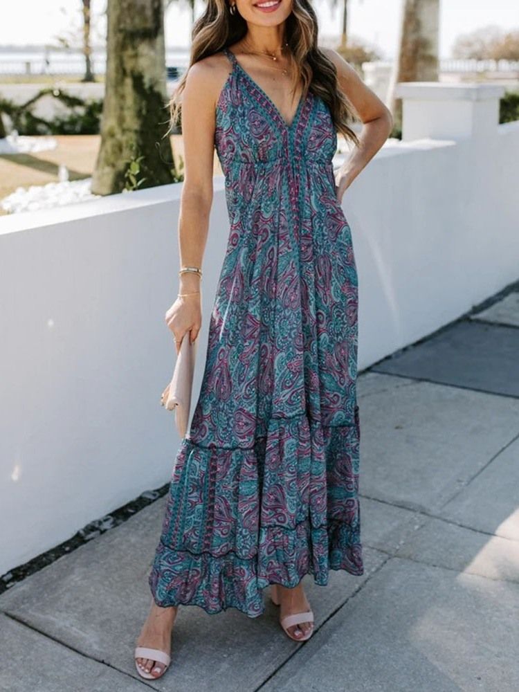 V-neck Ankel-lengde Print Office Lady Pullover Dress Floral Maxi Dress Beach Dresses For Women