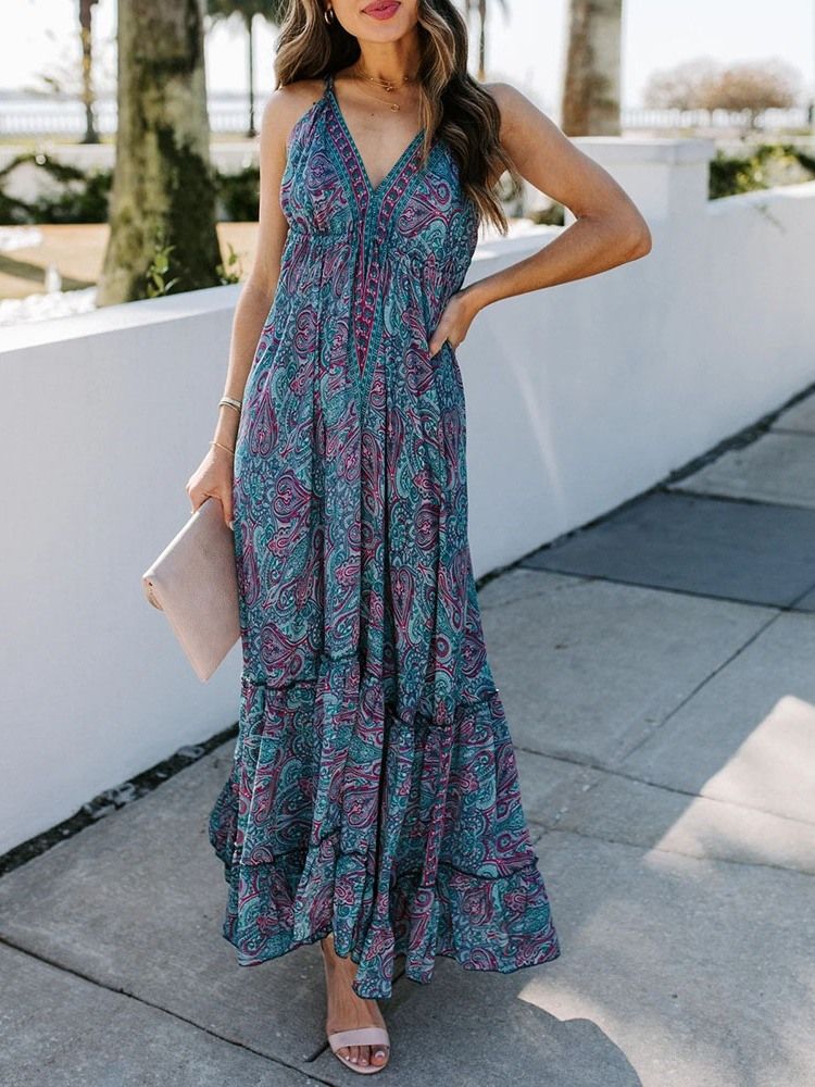 V-neck Ankel-lengde Print Office Lady Pullover Dress Floral Maxi Dress Beach Dresses For Women