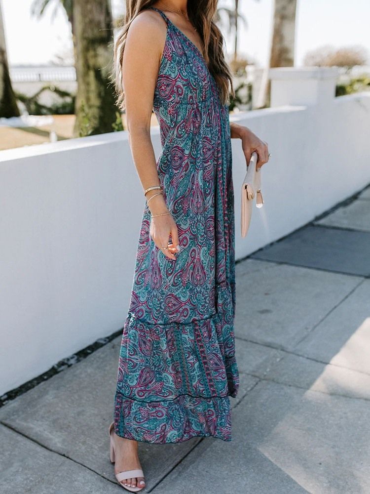 V-neck Ankel-lengde Print Office Lady Pullover Dress Floral Maxi Dress Beach Dresses For Women