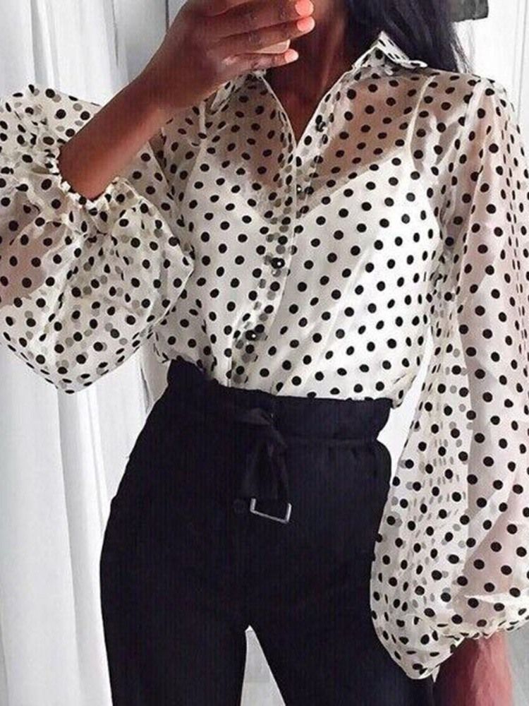 Lantern Ermet Revers Polka Dots Dame Langermet Bluse