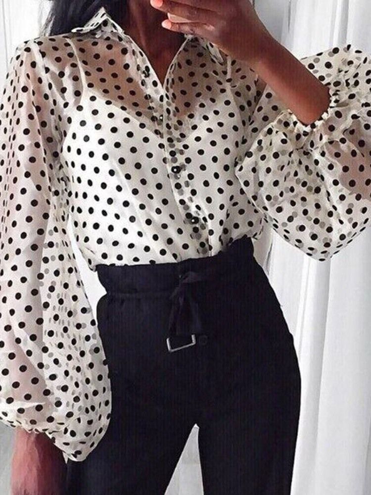 Lantern Ermet Revers Polka Dots Dame Langermet Bluse