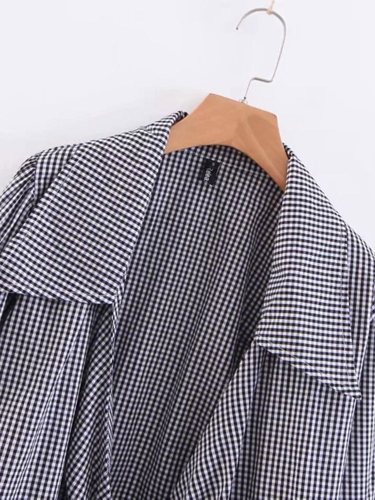 Lapel Plaid Lace-up Langermet Kvinners Korte Bluse