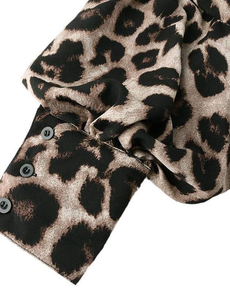 Leopard Lantern Sleeve Print Langermet Standardbluse For Kvinner