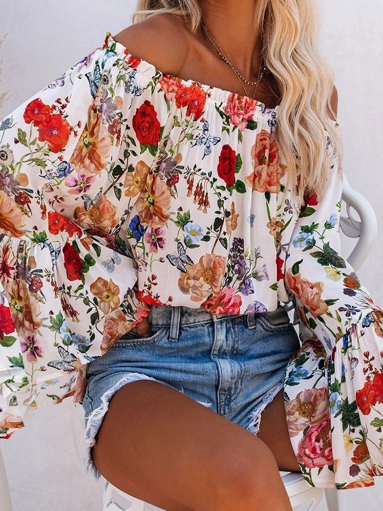 Off Shoulder Floral Print Standard Langermet Bluse For Kvinner